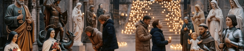 Visitors lighting candles and placing flowers in a cemetery during Toussaint